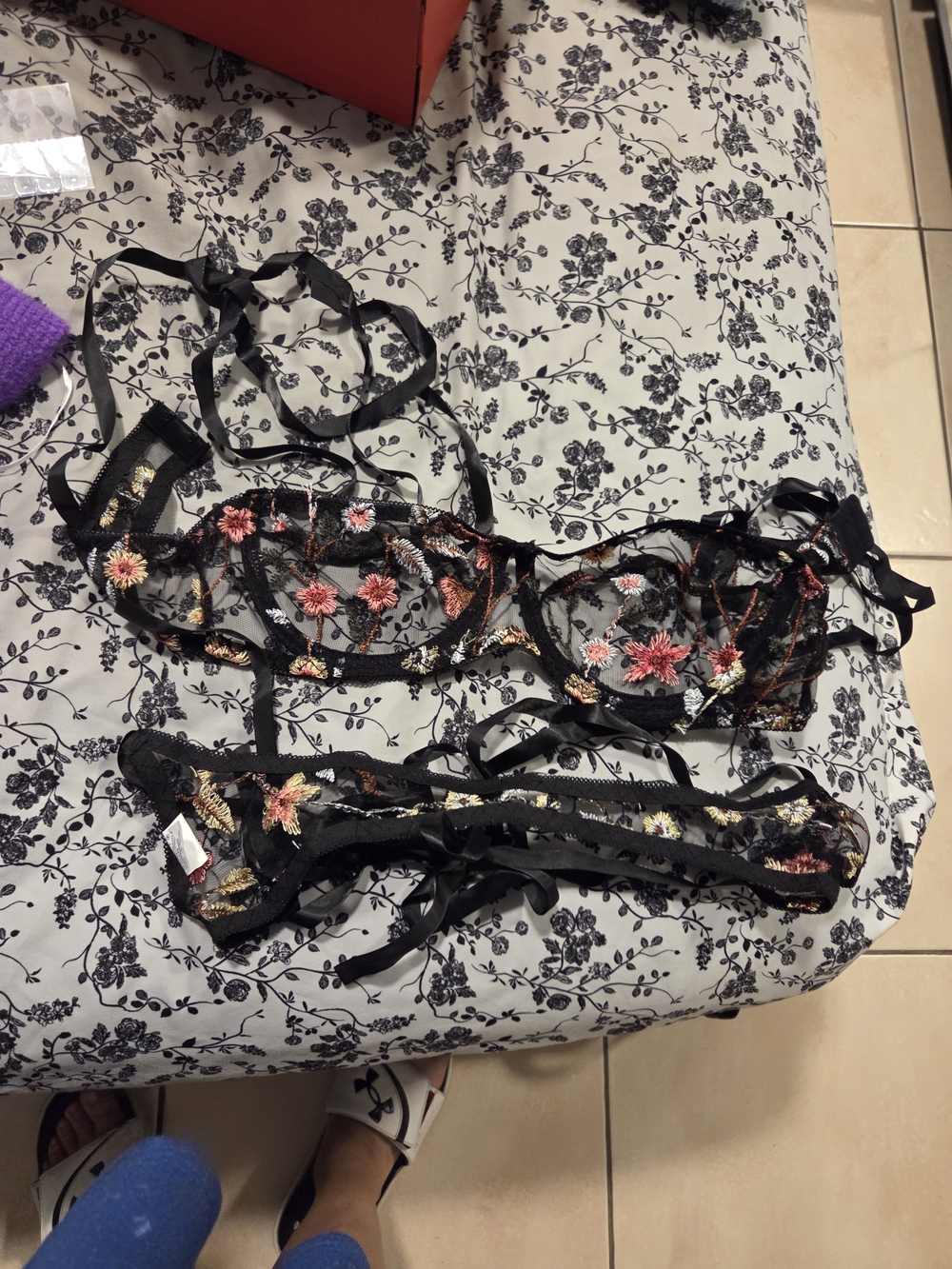 SHEIN Black Sheer Floral Embroidered Bra and Garter Set